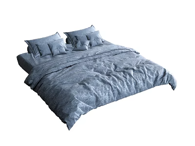 Soft Gray Double Bed With Wrinkled Bedding And Multiple Plush Pillows 3d model