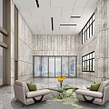 Modern Corporate Reception Desk With Marble Top Geometric Light Background Wall And Decorative Plant