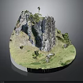 Wooden Stone Natural Landscape Model with Rock Formations and Green Grass