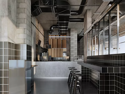 Industrial Café Interior With Concrete Walls Black Pipes Large Windows And Bar Stools 3d model