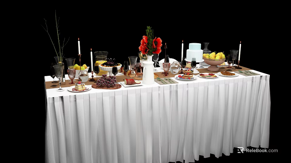 Elegant Dining Table With White Tablecloth Fresh Flowers Fruits Candles And Cake 3d model 