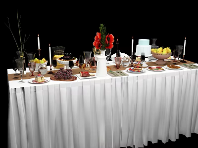 Elegant Dining Table With White Tablecloth Fresh Flowers Fruits Candles And Cake 3d model