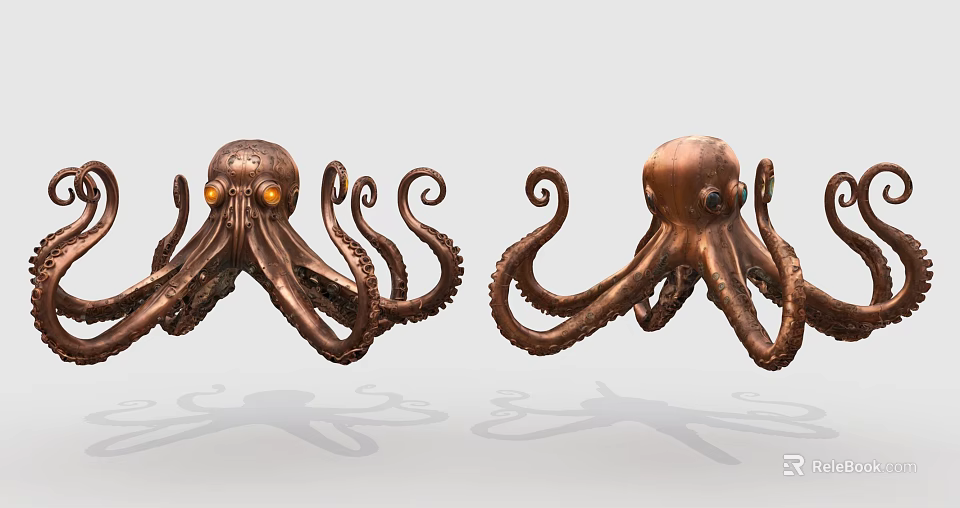 Two Detailed Copper Octopus Sculptures With Curled Tentacles And Cast Shadows 3d model 