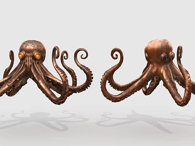 Two Detailed Copper Octopus Sculptures With Curled Tentacles And Cast Shadows 3d model