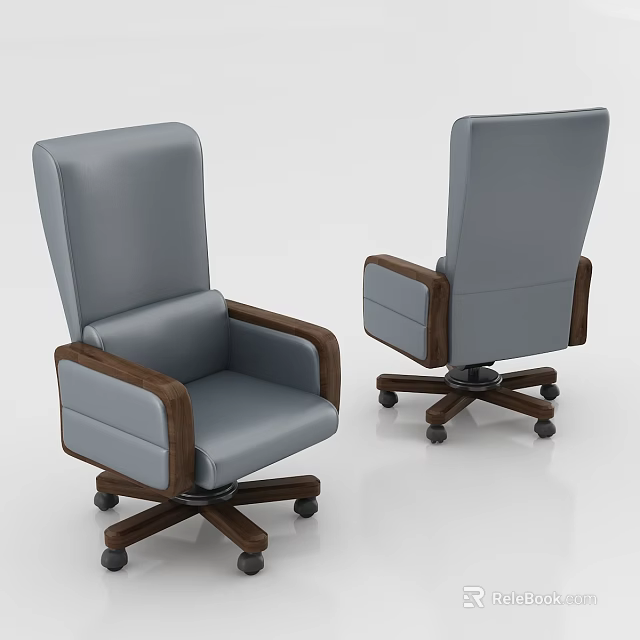 Ergonomic Modern Office Chair With Gray Leather Seat Wooden Armrests And Swivel Wheels Design 3d model 