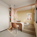 Modern Elegant Bedroom With Pink Curved Headboard White Bed Bookshelf Desk Pendant Light Round Mirror