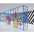 Modern Partition With Blue Frame Black White Striped Wall And Colorful Geometric Shapes