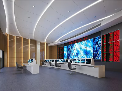 Modern Monitoring Room Interior With Multiple Screens Control Consoles And Lighting Effects 3d model