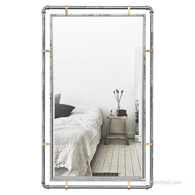 Full Length Brass Frame Mirror Reflecting Cozy Bedroom With Bed Wooden Nightstand And Vase 3d model 