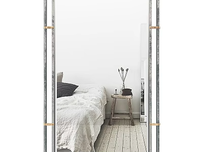 Full Length Brass Frame Mirror Reflecting Cozy Bedroom With Bed Wooden Nightstand And Vase 3d model
