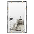 Full Length Brass Frame Mirror Reflecting Cozy Bedroom With Bed Wooden Nightstand And Vase