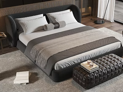 Modern Double Bed With Curved Headboard White Gray Striped Bedding And Leather Ottoman 3d model