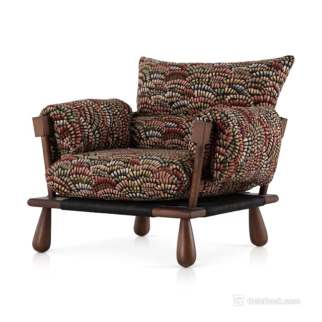 Vibrant Feather Pattern Accent Chair With Wooden Armrests Black Woven Seat And Round Wooden Legs 3d model 