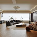 Luxurious Modern Living Dining Room Interior With Dark Sofa Marble Coffee Table Chandelier And Plants