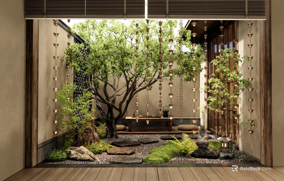 Tranquil Courtyard Garden Design With Large Tree Green Plants Stone Path And Wooden Flooring 3d model 