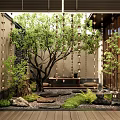 Tranquil Courtyard Garden Design With Large Tree Green Plants Stone Path And Wooden Flooring