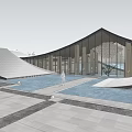 Modern Residential Building With Unique Curved Roof Design Surrounded By Water Features And Trees