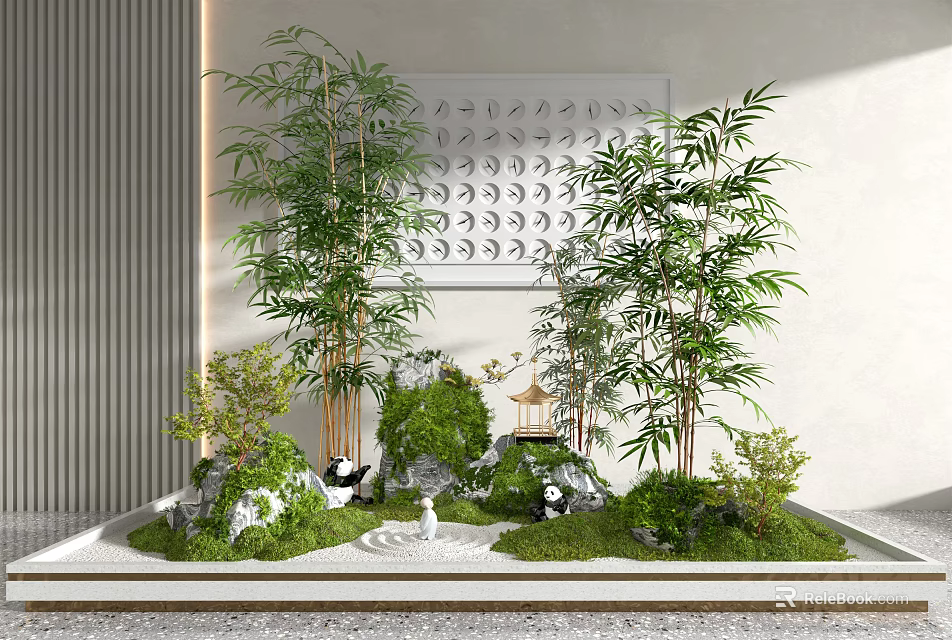 Indoor Zen Landscape with Bamboo Rockery Small Pavilion and Panda Ornaments 3d model 
