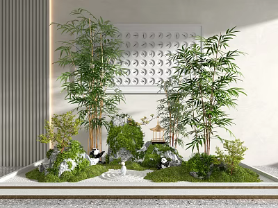 Indoor Zen Landscape with Bamboo Rockery Small Pavilion and Panda Ornaments 3d model