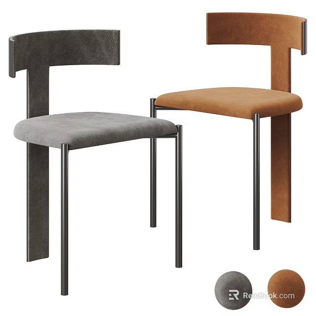 Set of Two Modern Dining Chairs With Gray And Brown Fabric Seats And Metal Legs 3d model 