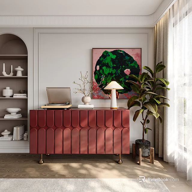 Red Sideboard With Wavy Design Lamp Green Pink Artwork Potted Plant Arch Shelf White Dishes 3d model 
