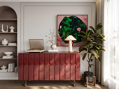 Red Sideboard With Wavy Design Lamp Green Pink Artwork Potted Plant Arch Shelf White Dishes 3d model