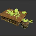 Wooden Table Decorated With Green Vegetables And Flowers Alongside Wooden Barrel And Small Plate