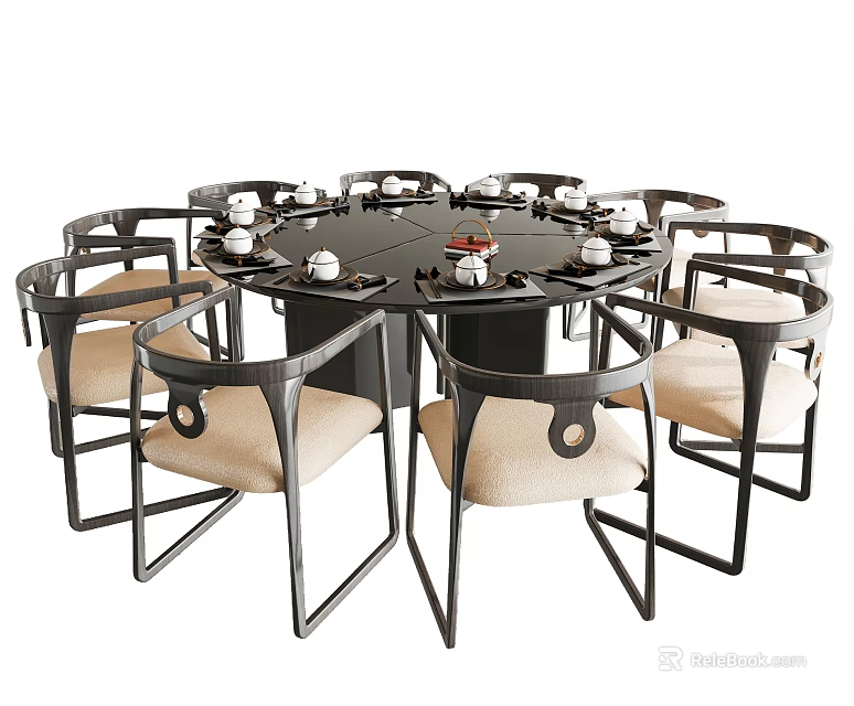 Modern Round Dining Table Set With Black Frame Beige Cushion Chairs And Tea Cups 3d model