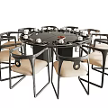 Modern Round Dining Table Set With Black Frame Beige Cushion Chairs And Tea Cups 3d model