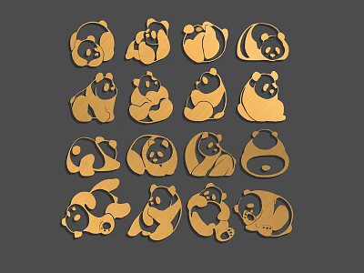 Golden Panda Wall Decor with Various Cute Poses for Home Decoration 3d model