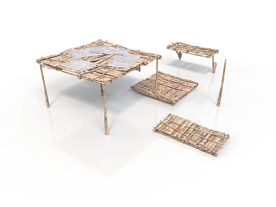 Handcrafted Wooden Furniture Set With Table And Platforms In Natural Design 3d model