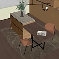 Modern Dining Table Set With Wooden Top Two Brown Chairs Vase And Magazine