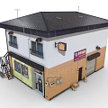Two Story Commercial Building With Yellow Storefront Brown White Exterior Glass Windows And Metal Staircase