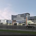 Modern Industrial Factory Building Exterior With Glass Curtain Wall Entrance And Parking Area