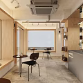 Modern Cozy Cafe Interior With Wooden Shelves Coffee Machine Tables And Chairs