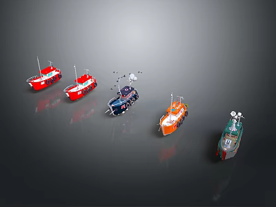 Assorted Colored Model Boats Arranged In Row On Dark Gray Surface 3d model