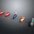 Assorted Colored Model Boats Arranged In Row On Dark Gray Surface