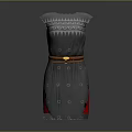 Gray Dress with White Geometric Patterns Brown Belt and Red Hem Accents