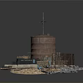 Modern Industrial Storage Facility With Rusty Water Tank Metal Fence Pipes Barrels And Equipment