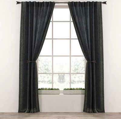 Dark Curtains with Gold Trim Tied Back at Grid Window with Small Plants on Sill 3d model