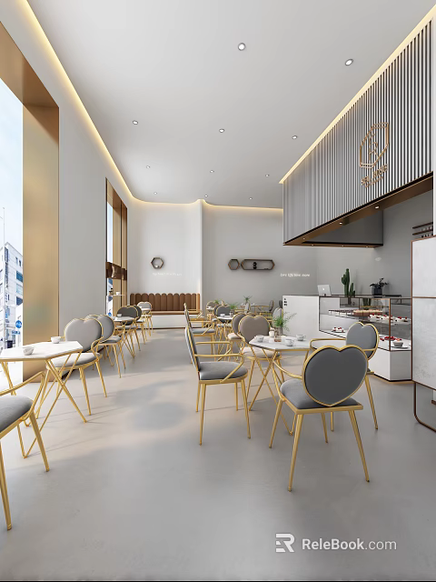 Stylish Modern Milk Tea Shop Interior With Gold Chairs Tables And Dessert 3d model 