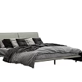 Modern Double Bed With Gray Headboard Multiple Pillows And Striped Black Gray Blanket 3d model