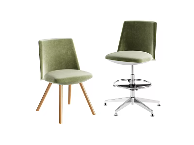 Green Velvet Bar Stools With Wooden Legs And Swivel Metal Base Design 3d model