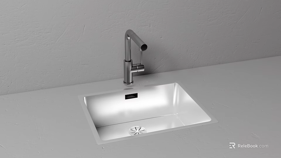 Stainless Steel Built in Washbasin with Silver Faucet on Light Countertop and Grey Wall 3d model 