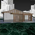 Traditional Style Public Restroom With Wooden Roof White Walls Surrounding Trees And Water Reflection