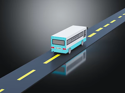 Blue and White Bus Driving on Road With Yellow Lines and Reflection 3d model