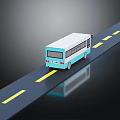 Blue and White Bus Driving on Road With Yellow Lines and Reflection