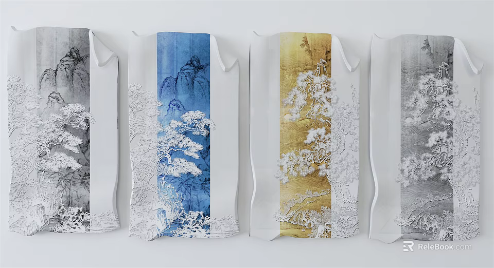 Artistic Wall Decor With Multiple Colors Traditional Chinese Floral Landscape Panels 3d model 