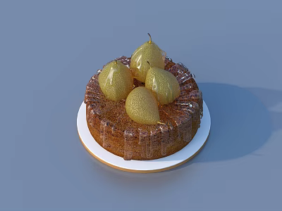 Delicious Fruit Cake Topped With Fresh Yellow Pears Served On White Ceramic Plate 3d model