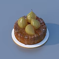 Delicious Fruit Cake Topped With Fresh Yellow Pears Served On White Ceramic Plate
